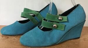 Vtg 60s 70s Mod Blue Green Suede Leather Mary Jane Wedge High Heels 6.5 7 Small